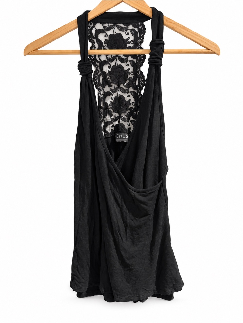 VENUS Black Lace-Back Draped Tunic Top Large